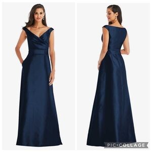 Alfred Sung‎ D811S Off The Shoulder Draped Maxi Dress Midnight Navy 8